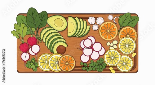 Flat lay of various sliced fruits and vegetables on a wooden cutting board against a white background.