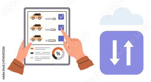 User selecting cars on a tablet with statistical data and cloud upload-download arrows. Ideal for technology, automotive, digital workflow, cloud storage, data analytics, fleet management, efficient