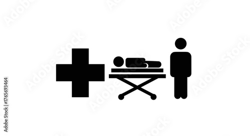 Medical emergency icon with patient on gurney and cross symbol.