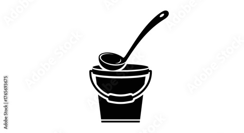 Simple black silhouette icon of a bucket and ladle.
