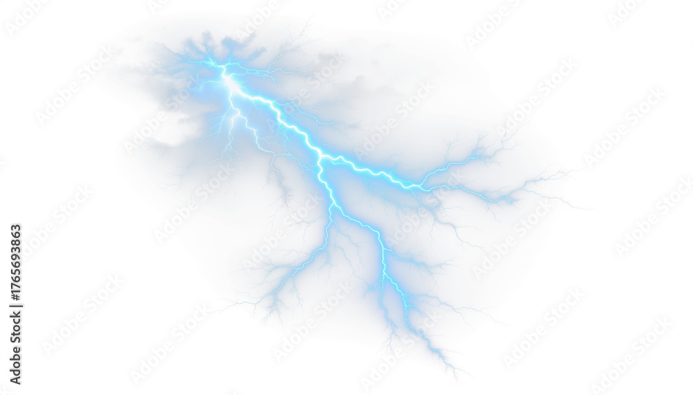Fototapeta premium A dramatic display of brilliant blue lightning strikes against a stark black background in high resolution isolated on transparent png background.
