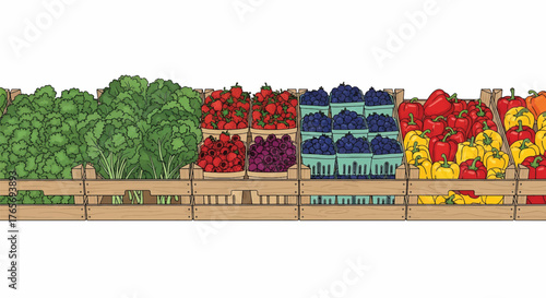 Panoramic view of a vibrant produce stand with various colorful fruits and vegetables on display at an outdoor market