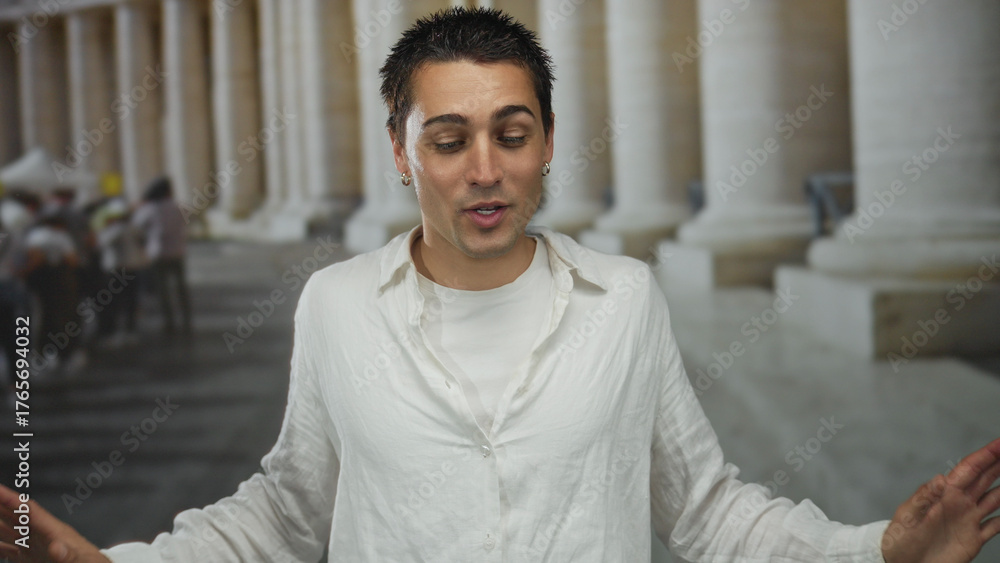 Obraz premium Young hispanic man in casual attire gesturing outdoors with columns in the background of an old town setting in ambient daylight