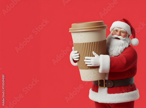 Cheerful Santa Claus holding large coffee cup against red background