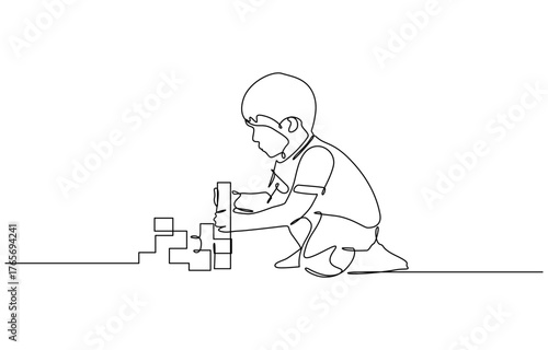 Single one line drawing young happy little boy playing stack of puzzle block. Vector illustration isolated on transparent background