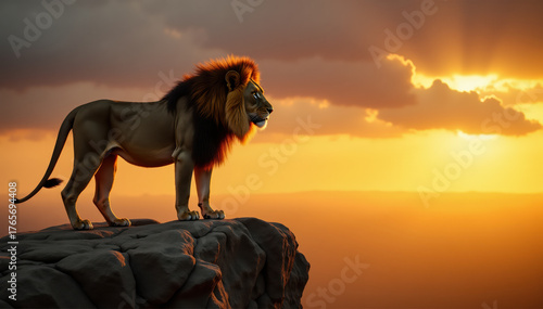 Golden sunlight wraps a lion standing tall against a sky of clouds and fire