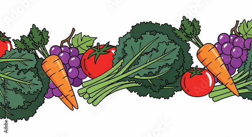 Colorful illustration of fresh vegetables and fruits on a white background