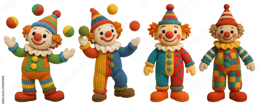 Naklejka premium PNG Colorful knitted clown toys, element set on transparent background