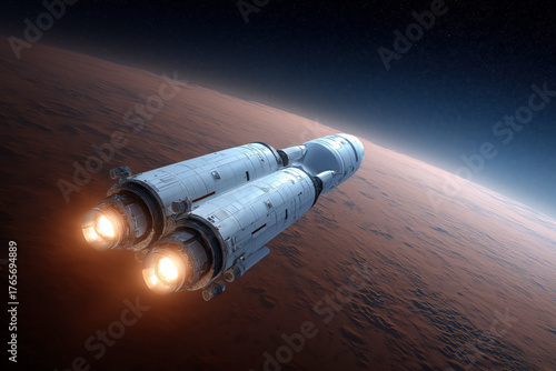 Fototapeta Naklejka Na Ścianę i Meble -  Futuristic White Spaceship With Dual Thrusters Firing While Entering the Red, Dusty Atmosphere of Planet Mars