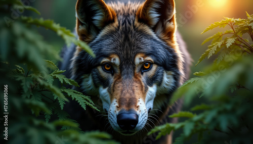 Wild predator partially concealed by morning forest foliage and golden light