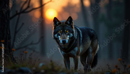 The lone wolf prowls silently, eyes locked forward as mist softens the forest behind.