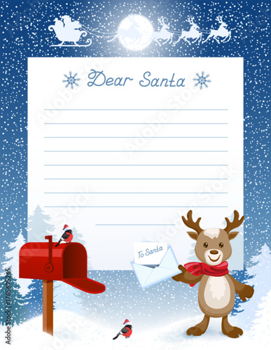 Layout letter to Santa Claus with wish list and cartoon funny fawn deer with envelope and mailbox against winter forest background