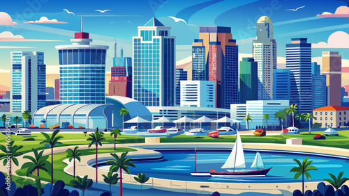 Very beautiful daytime panoramic view of Long Beach city, California, USA, showcasing modern skyscrapers, the harbor, palm-lined streets, and the sparkling Pacific Ocean under a clear blue sky.