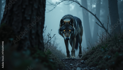 A cinematic frame showing a wolf moving quietly through trees and mist at dawn