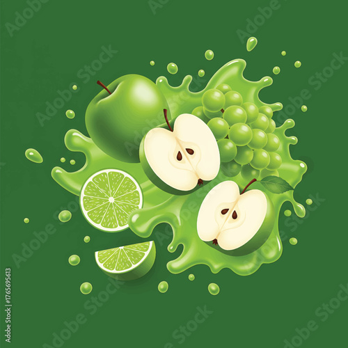 Flat lay illustration of sliced apples and lime on green juice splashes against a solid green background.