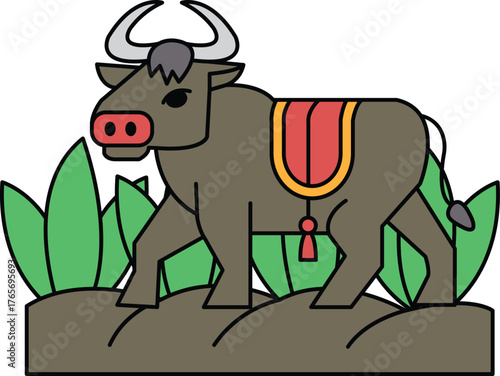 A black and white drawing of a bull with a saddle on its back