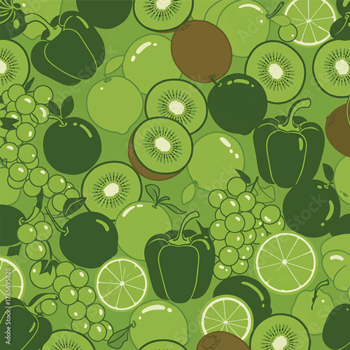 Vibrant green pattern of various fruits including apples, kiwis, and citrus slices on a solid green background.