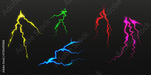 Set of four realistic, colorful lightning bolts or abstract electric discharges on a transparent dark background. Thunder vectors.