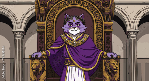 Majestic Feline Monarch A Regal Cat Sitting on a Throne of Power and Authority in a Digital Illustration