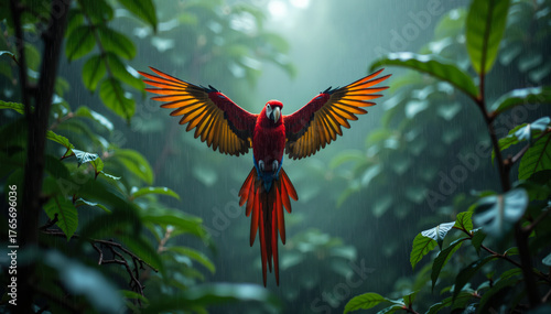 Colorful bird in motion through misty tropical forest with rain and backlight