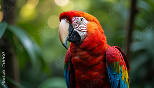 Sharp detailed bird portrait with jungle backdrop and shallow depth for commercial use