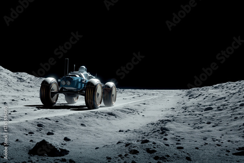Blue and White Lunar Rover Driving on a Dusty Track Across the Rocky Surface of the Moon at Night or Space