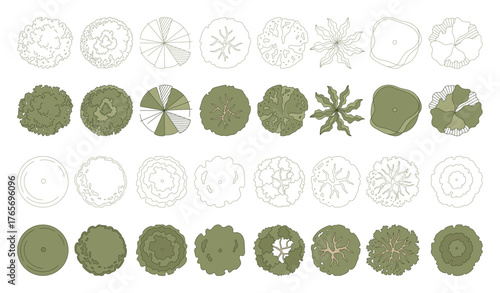 Top view trees for architectural plans and landscape design. Minimal vector illustration for urban planning, site plans, and architectural entourage.