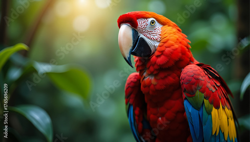 Parrot in perfect focus with red, blue, and yellow feathers and dreamy green blur