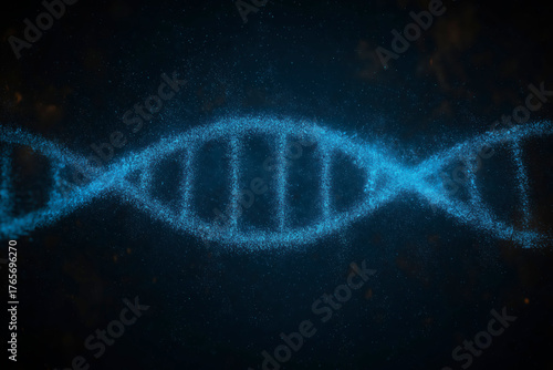 Abstract Visualization of a Blue Glowing DNA Double Helix Structure Made of Sparkling Particles Against a Dark Background