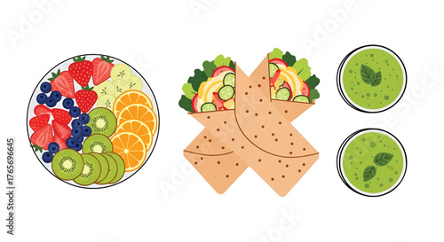 Flat lay of a fruit salad plate with sliced oranges, kiwis, and berries alongside folded sandwiches and guacamole on a clean white background.
