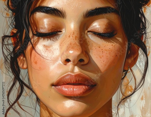 Freckled Woman with Eyes Closed in Peaceful Contemplation　目を閉じて静かに心を落ち着けるそばかすの女性