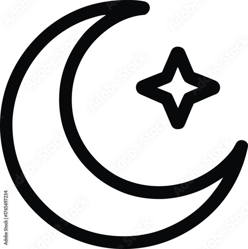 Crescent moon and star icon on white background night