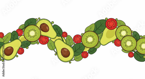 Flat lay of a colorful arrangement of sliced avocados, kiwis, and strawberries with green leaves on a white background.