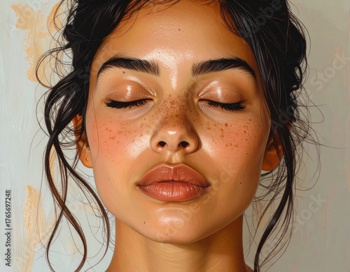 Freckled Woman with Eyes Closed in Peaceful Contemplation　目を閉じて静かに心を落ち着けるそばかすの女性