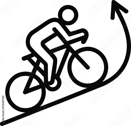 Cyclist ascending an upward trending path with arrow bicycle riding