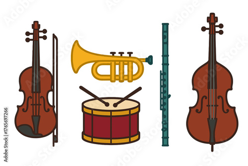 Assortment of classical and brass musical instruments including violin, trumpet, flute, drum, and cello