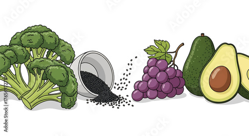 Illustration of broccoli, salt, grapes, and avocado on a white background.