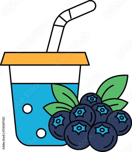 A cup of juice with a straw in it and a bunch of blueberries on top