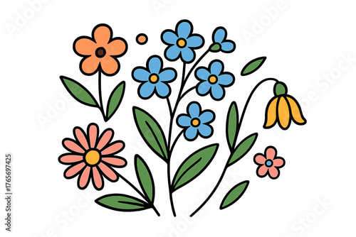 Colorful floral bouquet arrangement of spring wildflowers and green leaves in retro style