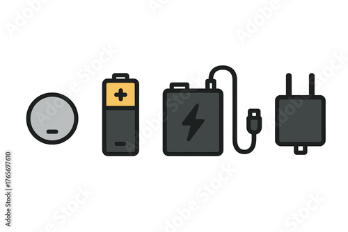 Set of electrical power supply and energy storage icons featuring battery, charger, and adapter symbols