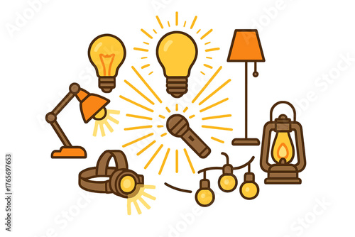 Glowing light sources including bulbs, lamps, lantern, and a radiating microphone