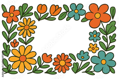 Vibrant floral frame border with retro 70s style flowers and leaves surrounding copy space