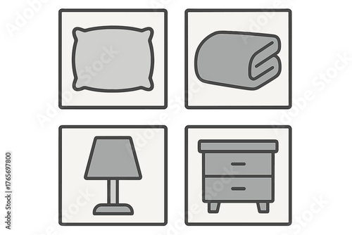 Essential home interior elements featuring bedding, lighting, and storage furniture