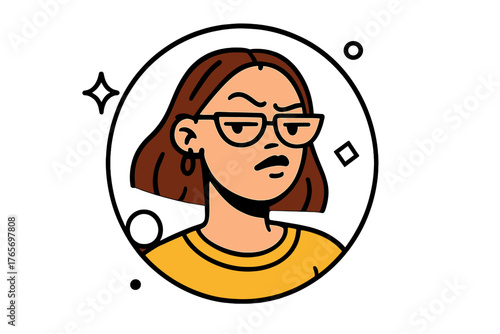 Angry woman with furrowed eyebrows and glasses showing displeasure or skepticism