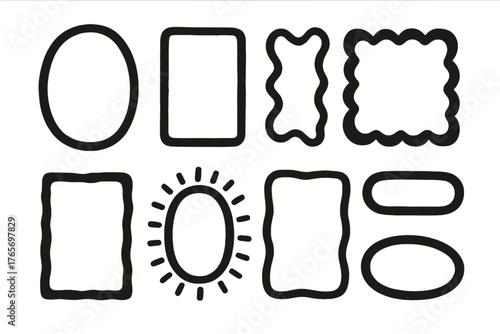 Eight hand-drawn doodle frames and borders with various shapes and thick lines