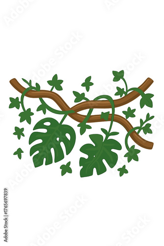 Lush tropical jungle vines with large Monstera leaves and ivy creeping around brown branches