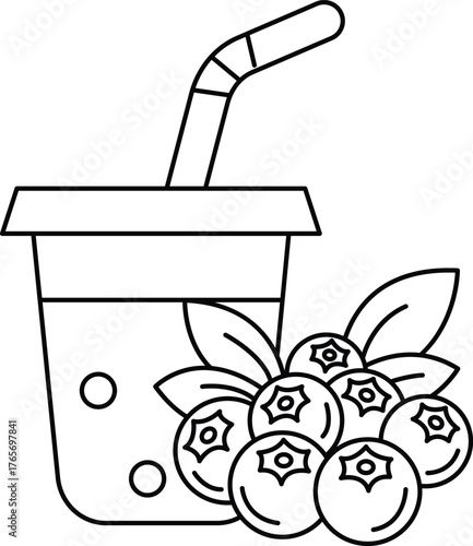 A cup of juice with a straw in it and a bunch of blueberries on top