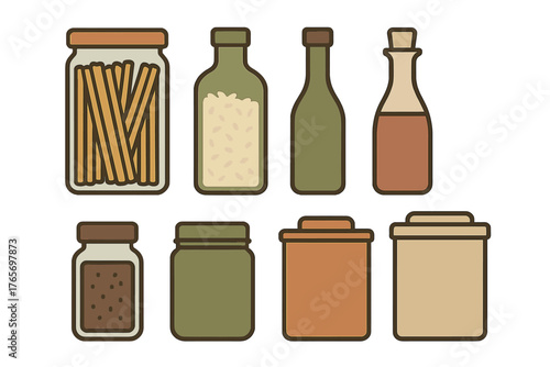 Assortment of kitchen pantry containers holding dry goods: pasta, rice, spices, and cooking oil