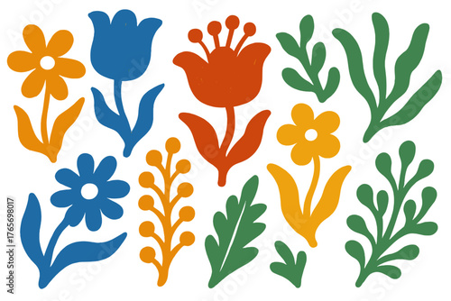 Abstract colorful floral elements with textured brush strokes in a modern decorative style