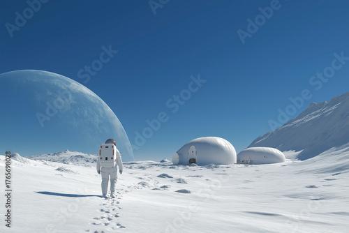 Astronaut in a White Suit Walking Across a Snow-Covered Alien Planet Towards White Habitat Domes with a Blue Sky
